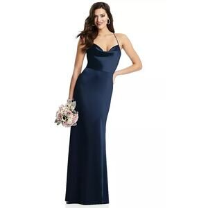 Dessy Lux Charmeuse Gown Navy Blue Cowl Neck Satin‎ Dress Crisscross Back 14